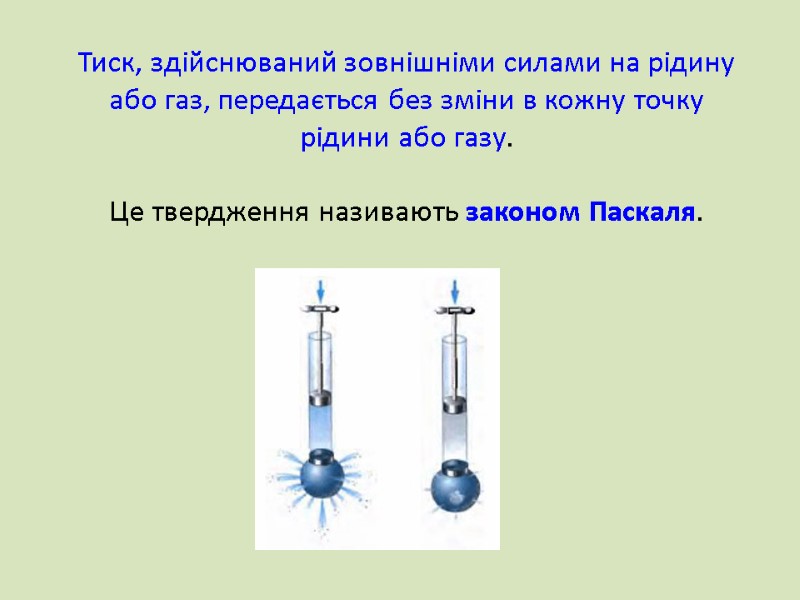 Тиск, здійснюваний зовнішніми силами на рідину або газ, передається без зміни в кожну точку